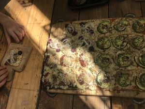 large pizza split between 3 topping choices  at La Verdi in Santiago