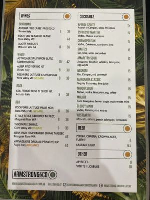 Drinks menu  at ARMSTRONG & CO EATERY in Northcote