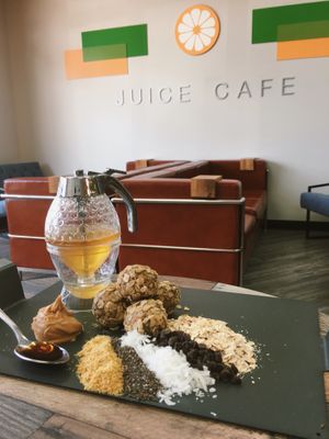 Apricot, Banana Bread, Blueberry, and Peanut Butter Energy Bites are here.   We, also, have overnight steel cut oats and chia pudding. at Kwench Juice Cafe in Sedalia