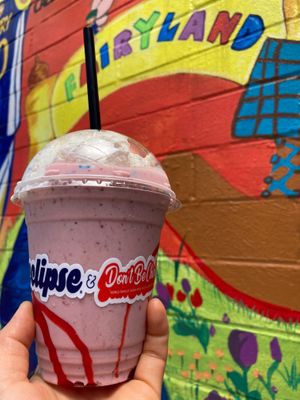 Strawberries ‘n’ cream milkshake comes with whipped cream and rainbow sprinkles! at Don't be Chick'n in San Jose