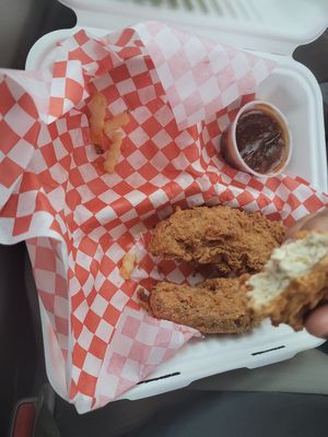 We inhaled the mac n cheese and the fries, but the fried tofu was excellent, 4 pieces would leave 2 adults content. at Don't be Chick'n in San Jose