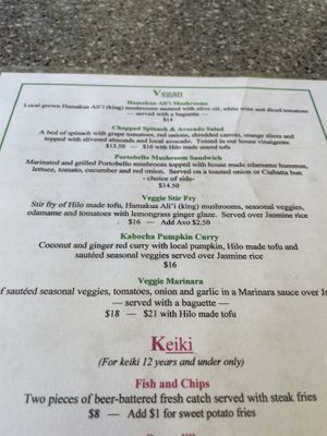 Vegan menu at Pineapple's in Hilo