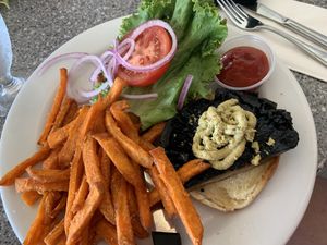 Portobello mushroom sandwich (the edamame hummus was so good too!) with sweet potato fries   at Pineapple's in Hilo