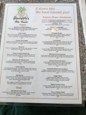 Menu at Pineapple's in Hilo
