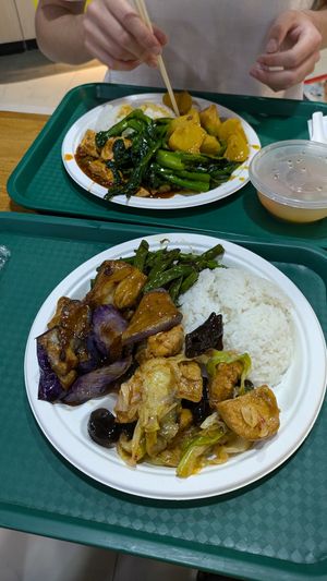 Eggplant, tofu, rice and green beans at Veggie Factory 素食工房 in Kowloon
