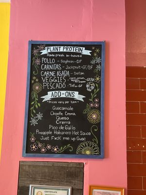 Plant protein options for tacos or burritos  at Sugar Taco in Sherman Oaks