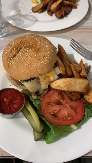 Imposible burguer with truffle fries at Candle Cafe in New York City