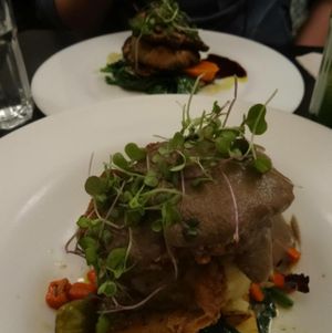 Portabello steak & light fried 'chicken' at Candle Cafe in New York City