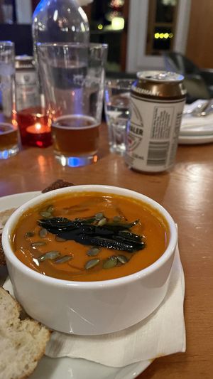 Tomato soup and sober beer  at Cure Lounge & Patio in Whistler