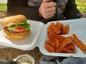 Chicken sandwich and sweet potato waffle fries at Pure Soul in Durham