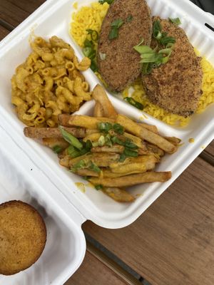 Fried fish soy/wheat blend, my Omni son really enjoyed. Side of cheese fries and Mac and cheese  at Pure Soul in Durham