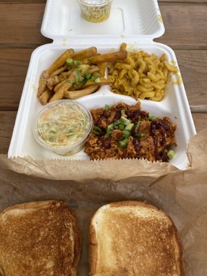 BBQ sandwich with cheese friends and Mac and cheese, best BBQ I’ve had!  at Pure Soul in Durham
