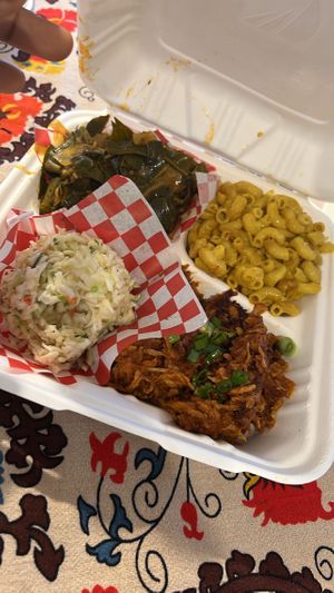 NC BBQ plate with Mac n cheese & greens (cole slaw comes with it)  at Pure Soul in Durham