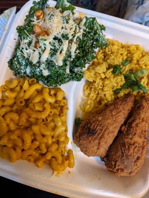Southern fried drumstix plate with kale Caesar and Mac and cheese at Pure Soul in Durham