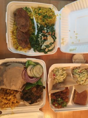 Fried fish, NC BBQ plate, and hot “honey” chikn sandwich plate  at Pure Soul in Durham