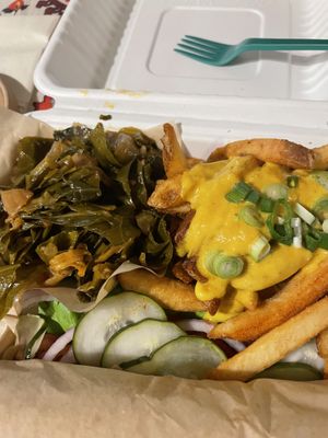 Bilbo’s greens, cheese fries   at Pure Soul in Durham