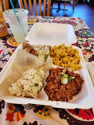 Vegan bbq plate with Mac and potatoes salad at Pure Soul in Durham