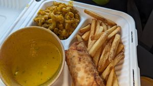 Mac n cheese, bbq egg roll, cheese fries at Pure Soul in Durham