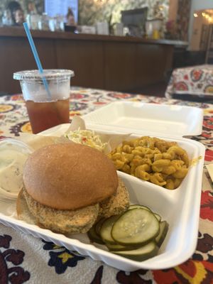 Fish sandwich (comes with cole slaw and tartar sauce) and small side of soul mac  at Pure Soul in Durham