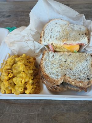 Bacon egg and cheese sandwich. Side of Mac and cheese at Pure Soul in Durham