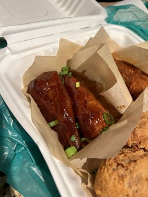 Close-Up Gluten-Free Vegan Chick’n Drumstix Lathered in BBQ  at Pure Soul in Durham