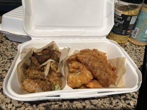 Proteins (Shrimp, Baked Chick’n, and Fried Chick’n Strips)  at Pure Soul in Durham