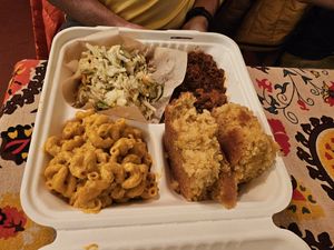 NC BBQ platter w/ mac n' cheese and cornbread. at Pure Soul in Durham