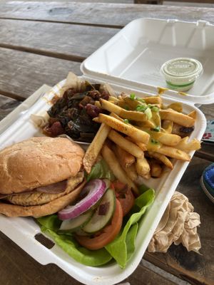 All vegan! Chicken Sammie with bacun, cheeze fries, and frodos veg  at Pure Soul in Durham