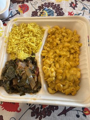 Yellow rice, greens, mac and cheese  at Pure Soul in Durham