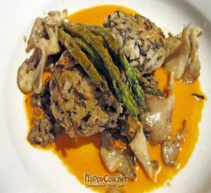 Wild Rice and Cremini Risotto Croquettes with Shiitake mushrooms, roasted red pepper puree, asparagus and French lentils at Caravan of Dreams in New York City