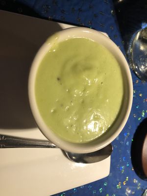 Raw avocado and coconut soup - served with home made raw coconut bread   at Caravan of Dreams in New York City