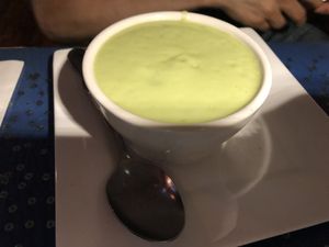 Raw avocado and coconut soup - served with home made raw coconut bread   at Caravan of Dreams in New York City