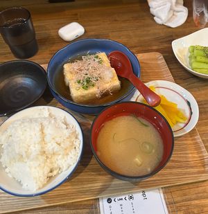 I had the rice/miso soup combo, the tofu, pickled radish and cooked asparagus (pretty small portion)  at F.concept in Fukuoka