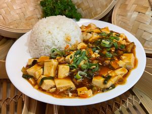 Mapo tofu rice (vegan) at Happy Belly Chinese Restaurant in Newtown