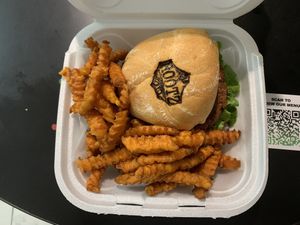 Green burger (vegan) with sweet potato fries  at Rootz Soul Cafe in North Lauderdale