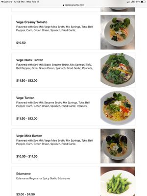 Vegan items from menu at Ramen Zero in Las Vegas