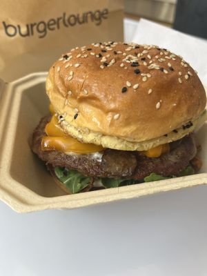 TruffleMushroom Swiss burger, specified vegan cheese (not at all Swiss-like) and patty  at Burger Lounge in San Diego