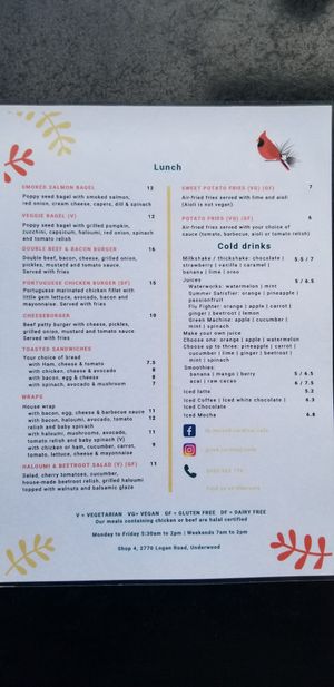Lunch menu at Red Cardinal Cafe in Underwood