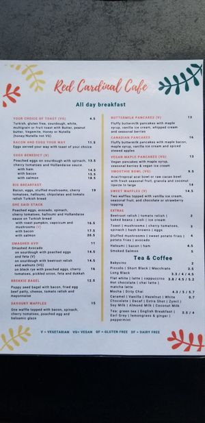 Breakfast menu at Red Cardinal Cafe in Underwood