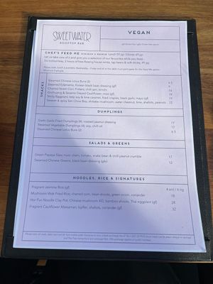 Separate Vegan menu  at Sweetwater Rooftop Bar in East Fremantle