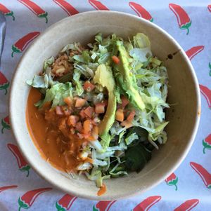 Savored every bite of this Rajas Bowl (cactus, bell peppers, onions, poblanos, black beans, pico, lettuce, avocado). Served on top of rice with your choice of salsa. at El Camino Gourmet Tacos in Edina