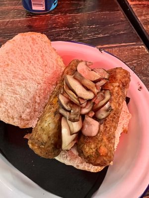 Hot roll with vegan sausages and mushrooms   at EDI - BrewDog in Edinburgh