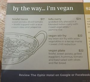 Vegan menu at The Ophir Hotel in Orange