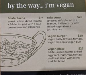 Vegan menu as of March 2023 at The Ophir Hotel in Orange