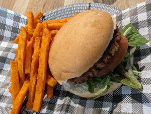 Burger with sweet potato fries at The Ophir Hotel in Orange