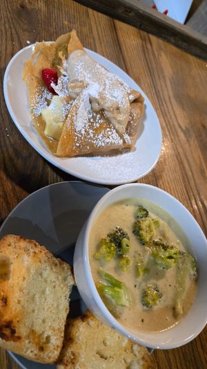 Miso's French Toast Crêpe with raspberry and house made Broccoli, smoke gouda soup (v/gf) at Give a Crepe in Erie