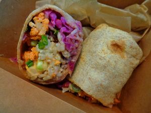 Buffalo Cauliflower Wrap.
Buffalo cauliflower, brown rice, pickled cabbage, scallions, tahini ranch, whole wheat wrap. vegan. at Chardon Buckeye Chocolate Café in Chardon