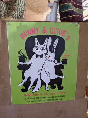 Cute shop logo at Bunny and Clyde's Corner Cafe and Market in Salida