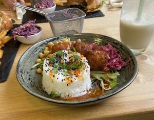 Thai sweetcorn fritter bowl  at Roots in Barnstaple