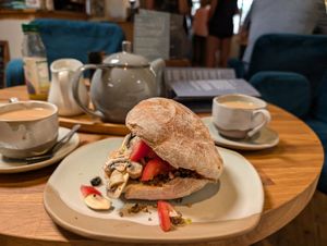 The Vegan Breakfast Ciabatta - vegan haggis, mushrooms and tomato at Cafe U in Kelso